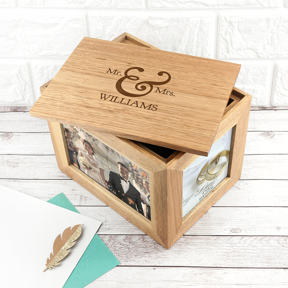 Personalised Classic Mr & Mrs Midi Oak Photo Cube Keepsake Box