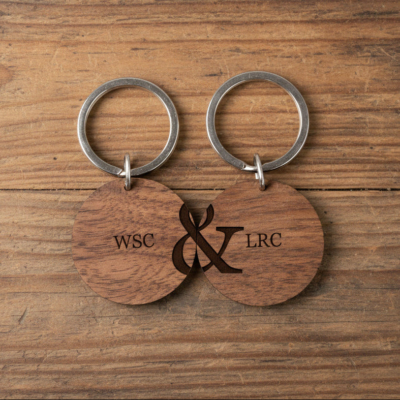 Personalised Couples Set of Two Walnut Wood Keyrings