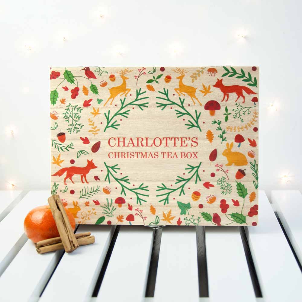 Personalised Festive Woodland Christmas Tea Box with Tea