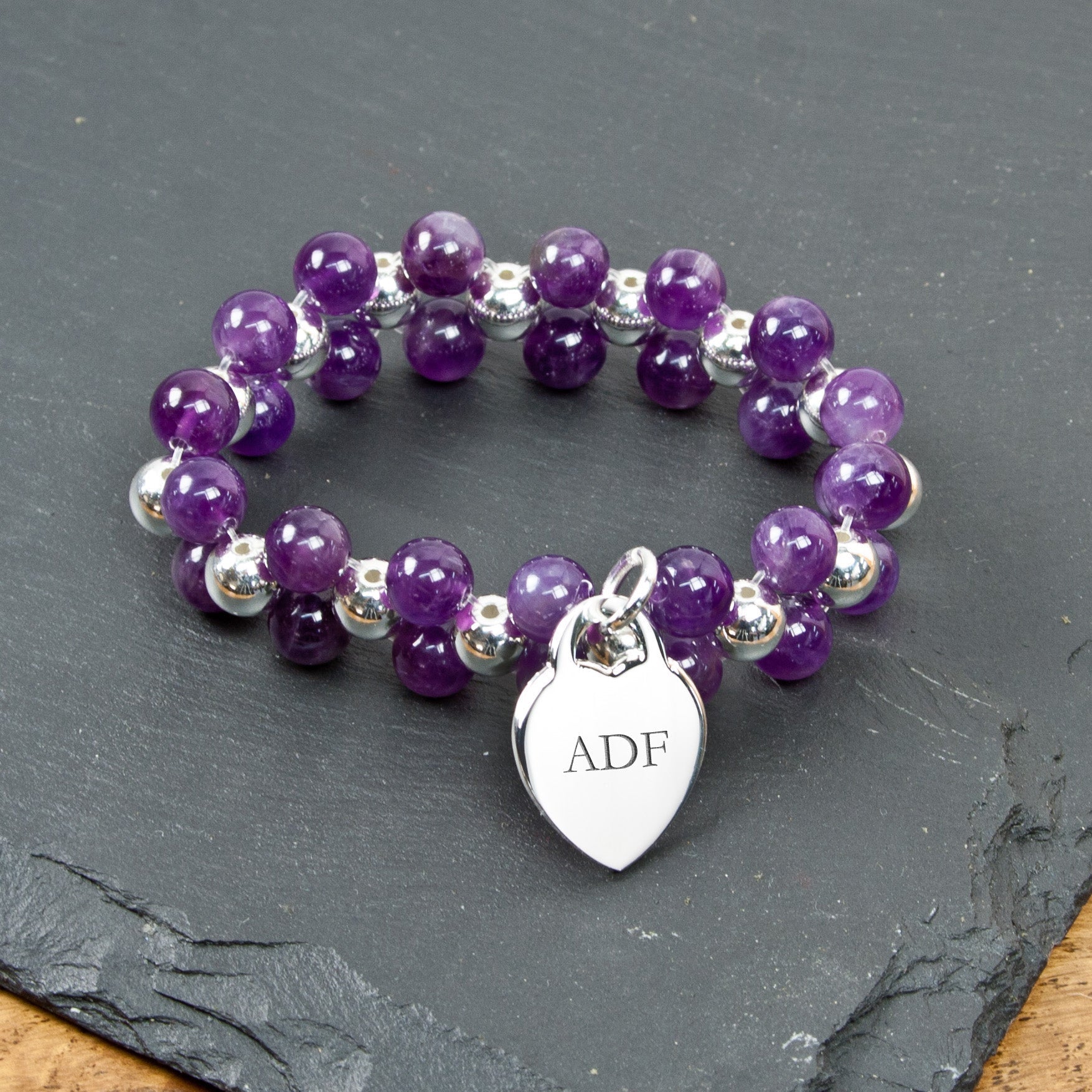 Personalised Amethyst and Silver Heart Beaded Bracelet