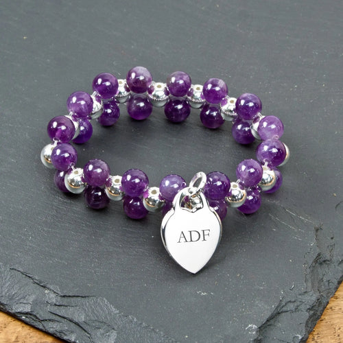 Personalised Amethyst and Silver Heart Beaded Bracelet Spesh Gifts