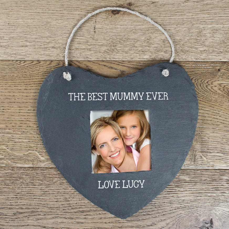 Personalised Mum's Heart Slate Hanging Picture Frame