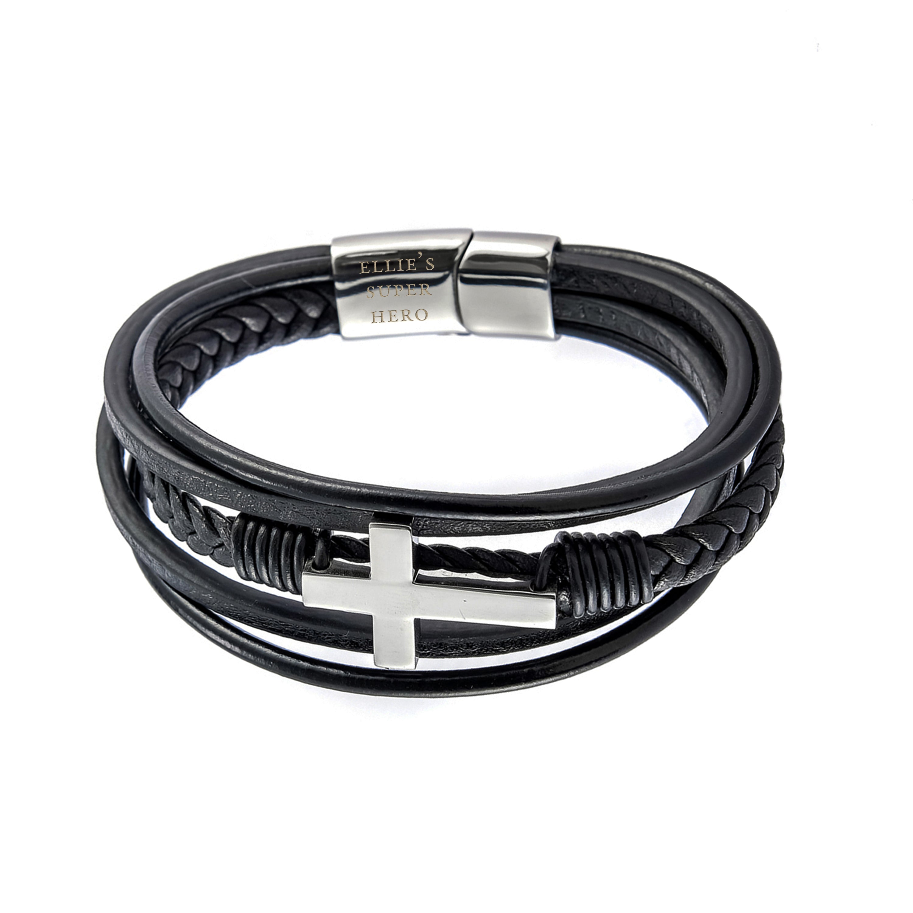 Black braided leather bracelet with silver clasp and cross charm on a white background