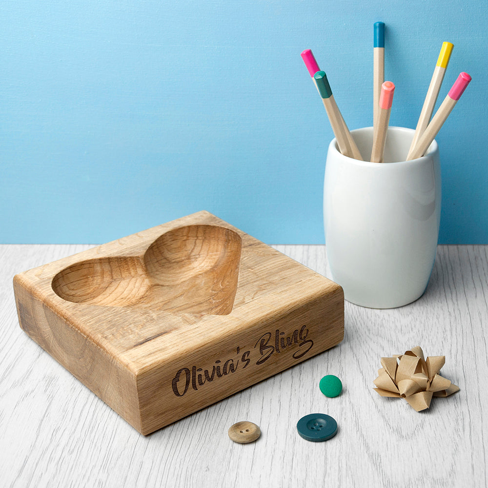 Personalised Solid Oak Heart Trinket Dish