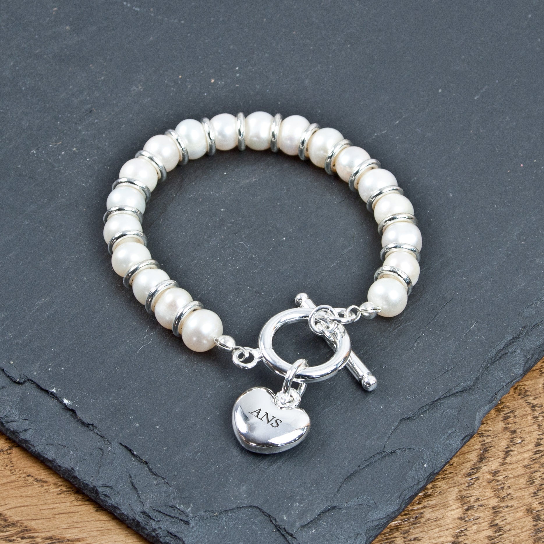 Personalised Luxury Pearl and Silver Heart Charm Bracelet