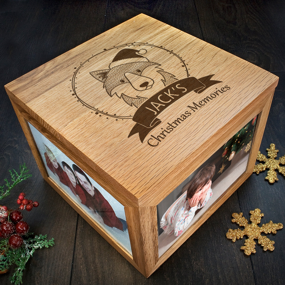 Personalised Woodland Wolf Christmas Memory Photo Cube