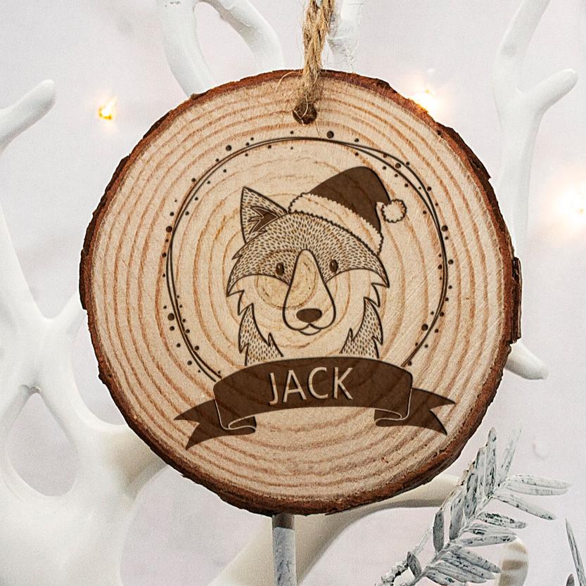 Personalised Woodland Wolf Christmas Tree Decoration