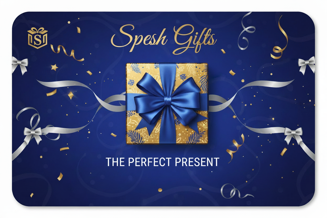 Spesh Gifts card with a blue and gold gift box and bow on a dark blue background.