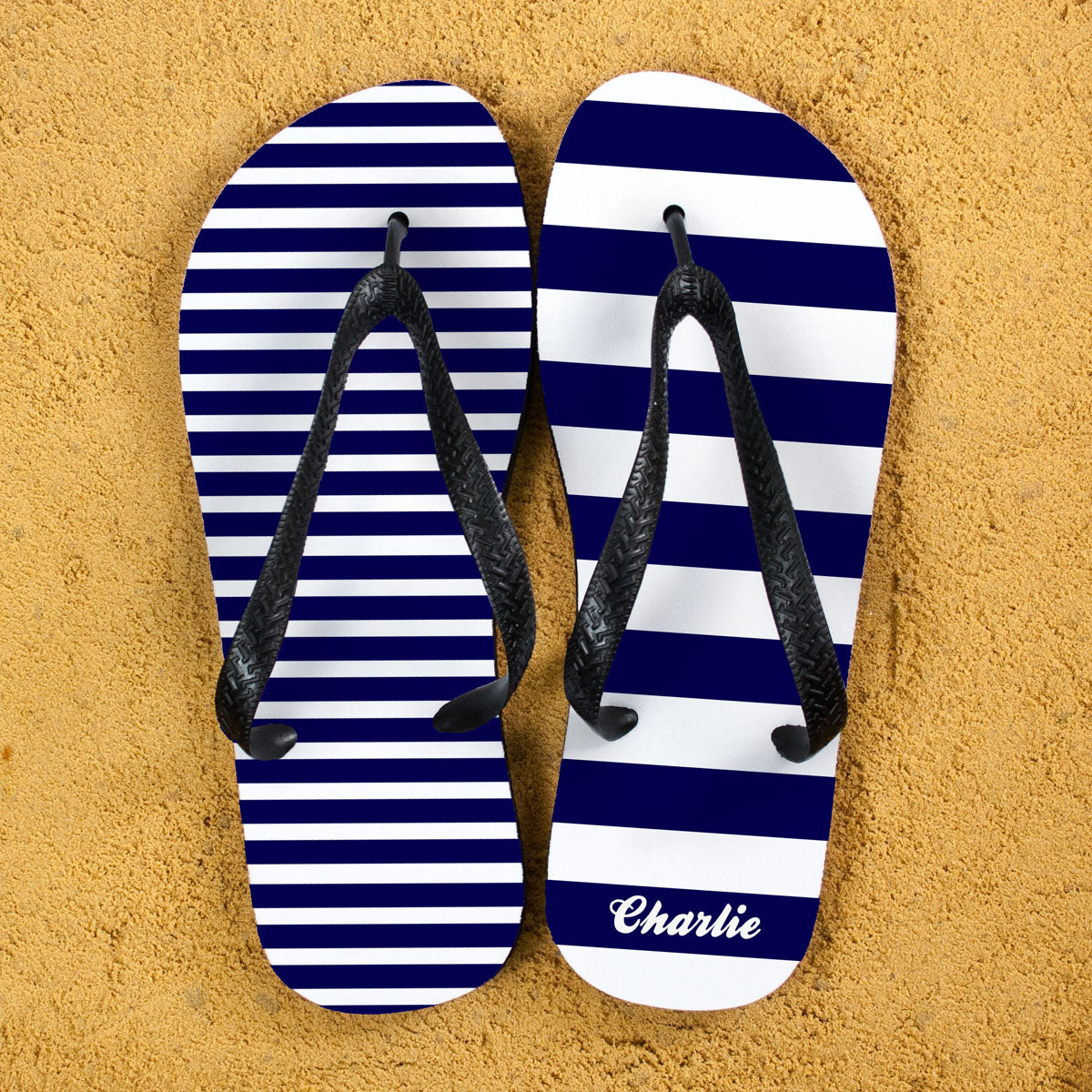 Personalised Striped Blue Flip Flops