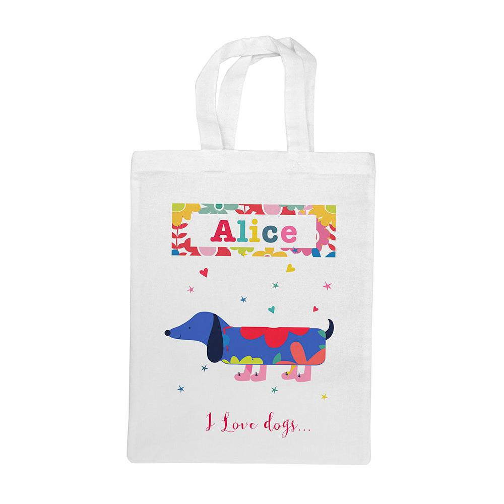 White tote bag with a colorful dachshund design and text on a white background