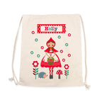 Drawstring bag with a cartoon character of a girl in a red dress and hat, surrounded by flowers and mushrooms, with 'Holly' printed on a label.
