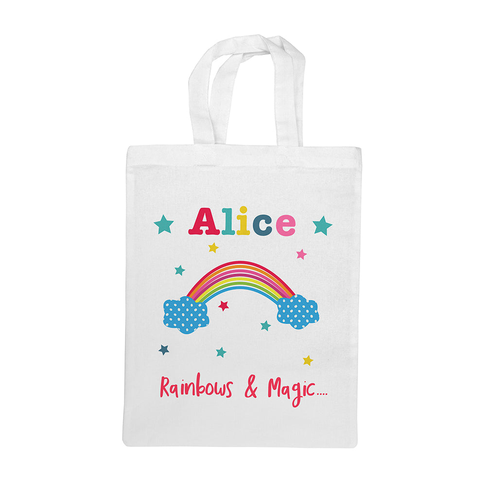 White tote bag with colorful rainbow, stars, and text on a white background