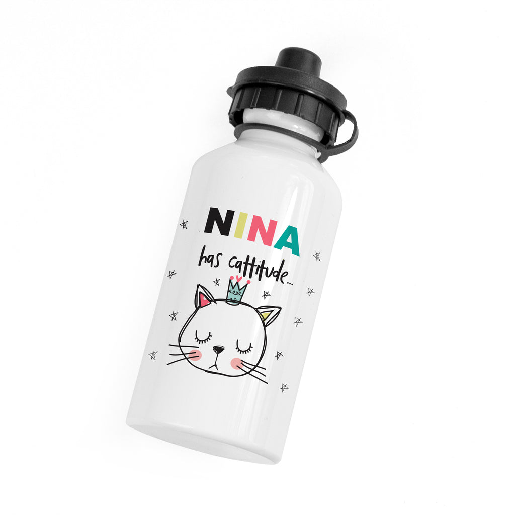 White water bottle with a cat illustration and text on a white background