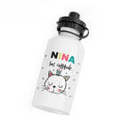 White water bottle with a cat illustration and text on a white background