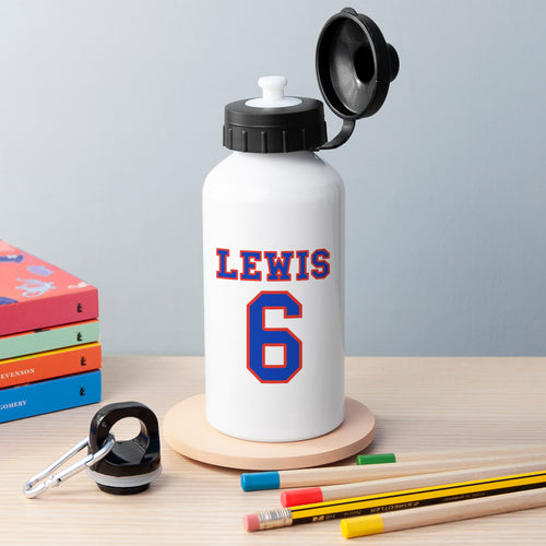 White water bottle with 'LEWIS 6' printed on it, placed on a wooden stand with books and pencils in the background.