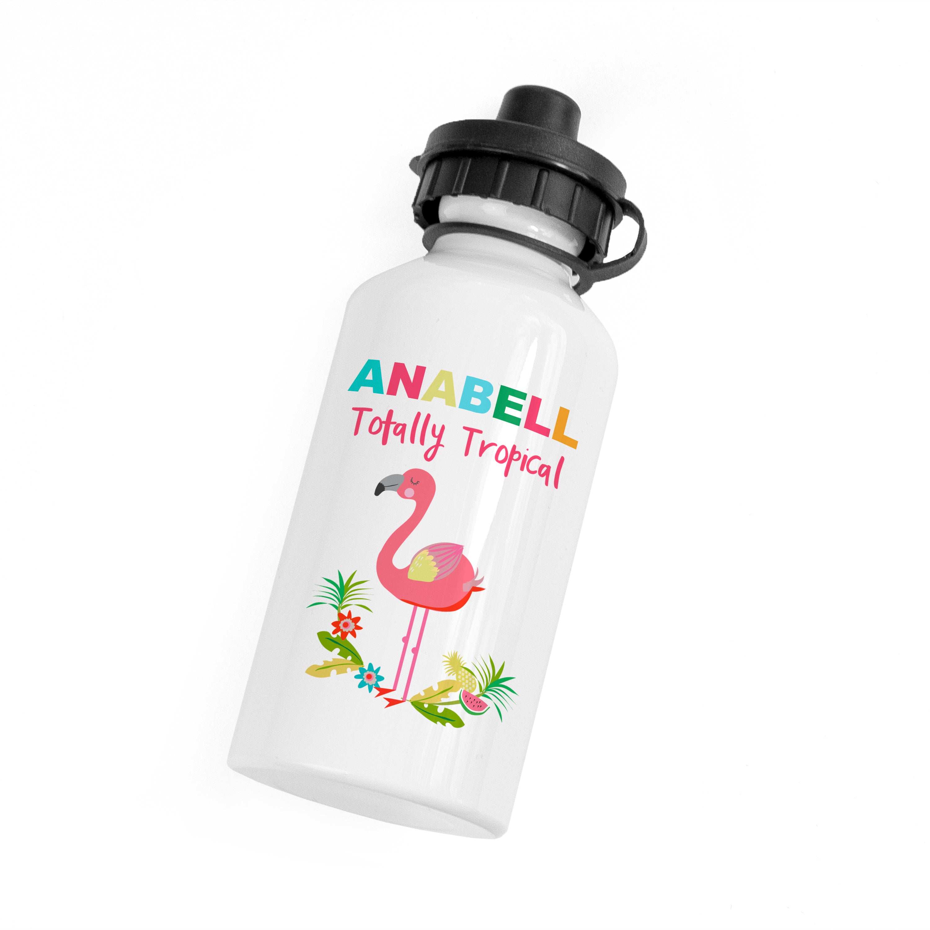 White water bottle with flamingo design and 'Anabell Totally Tropical' text on a white background