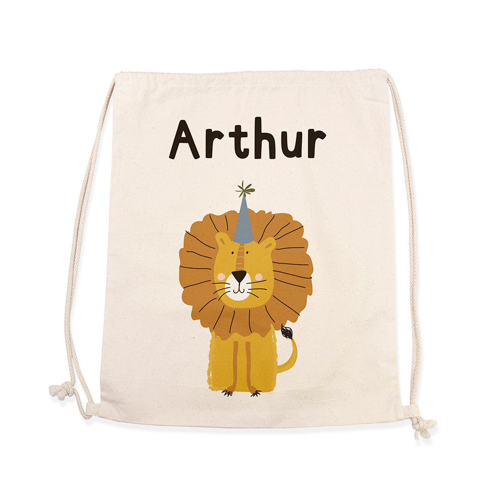 Drawstring bag with a lion illustration and 'Arthur' text on a white background