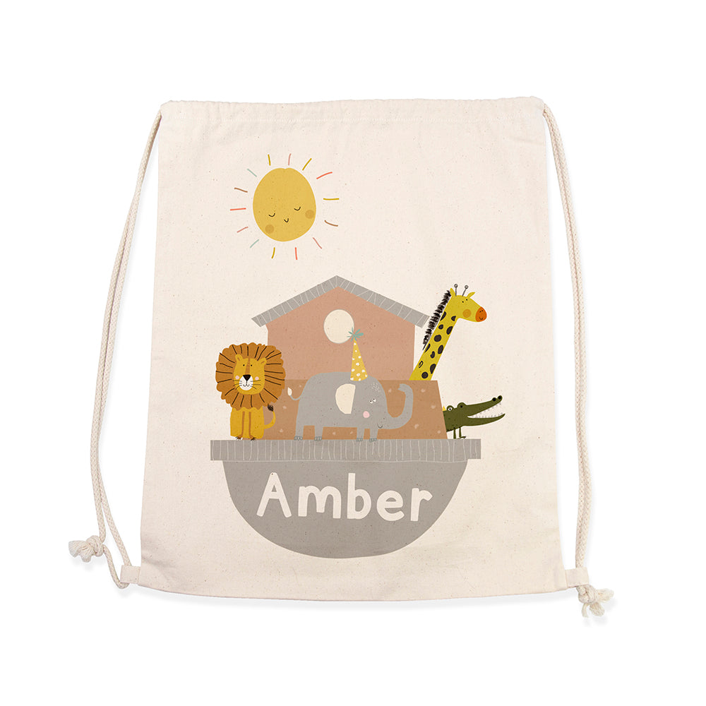 Drawstring bag with cartoon animals and 'Amber' text on a white background