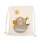 Drawstring bag with cartoon animals and 'Amber' text on a white background