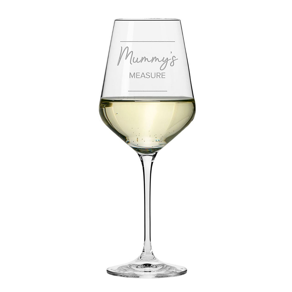 Wine glass with 'Mummy's Measure' text and white wine inside on a white background