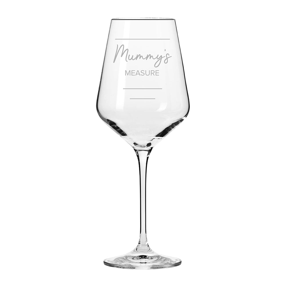Wine glass with 'Mummy's Measure' text on a white background