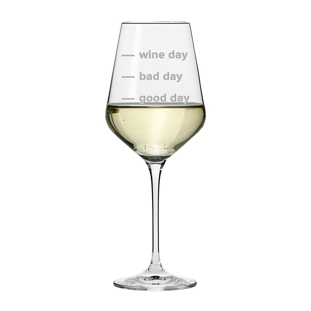 Wine glass with text 'wine day', 'bad day', 'good day' on a white background