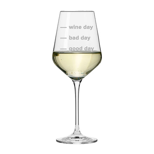 Wine glass with text 'wine day', 'bad day', 'good day' on a white background