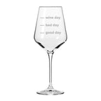 Wine glass with 'wine day', 'bad day', and 'good day' text on a white background