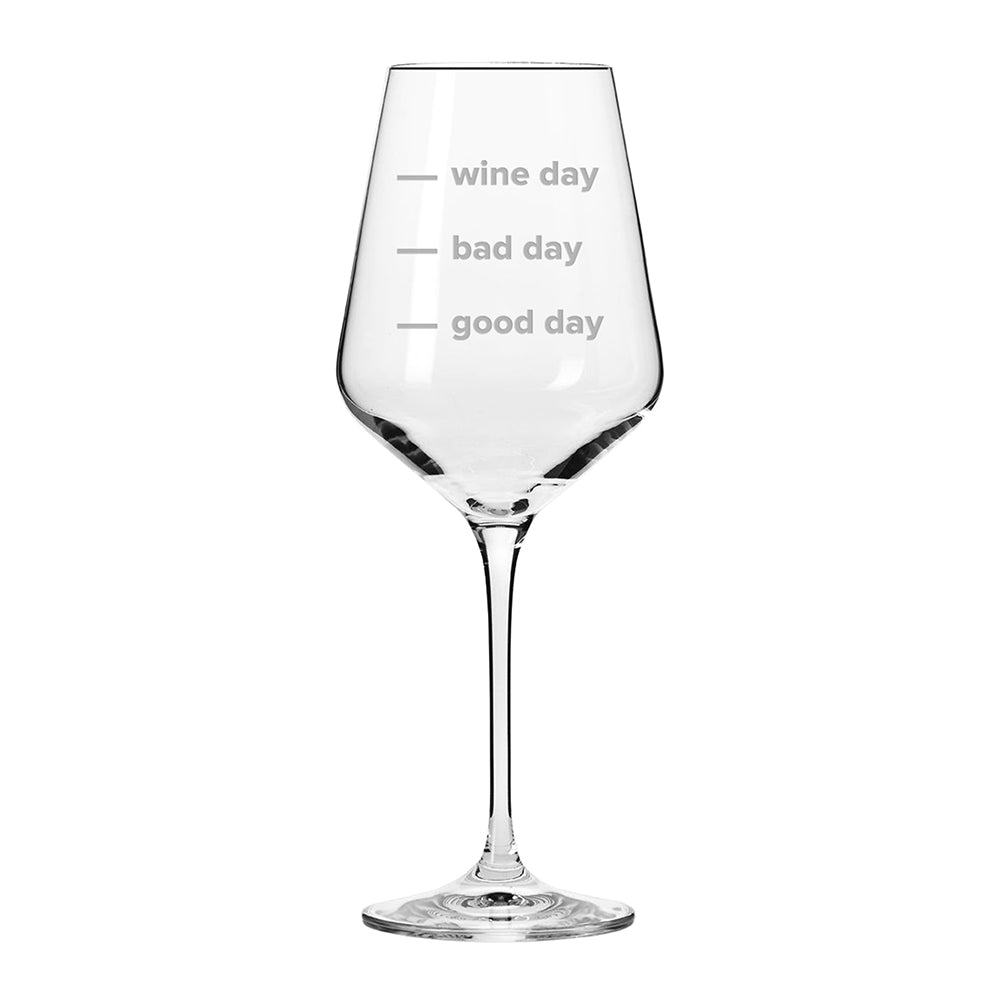 Wine glass with 'wine day', 'bad day', and 'good day' text on a white background