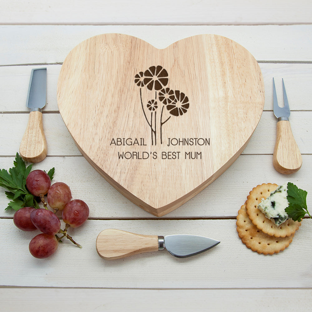 Personalised World's Best Mum with Daisy Flowers Heart Cheese Board