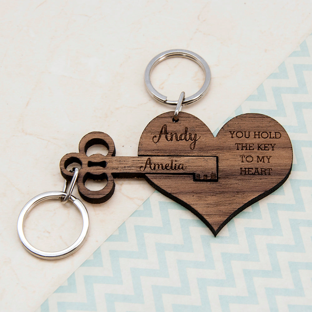 Personalised Key To My Heart Set of Two Keyrings